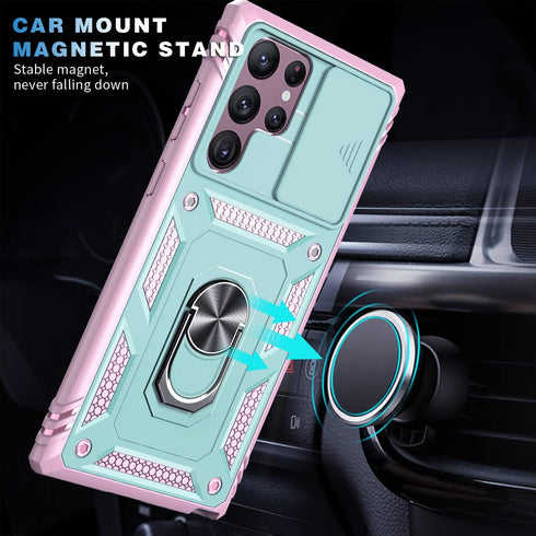 Galaxy S22 Ultra Case, Pink Green Shockproof Impact Resistant with Slide Lens Protective Cover