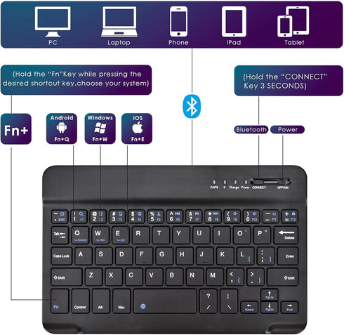 DETUOSI Universal 7-8 inch Wireless Keyboard, Multi-Device Travel Portable Ultrathin (6mm) Lightweight Wireless Keyboard for iOS/Android/Windows Tablet, Computer and Phone #Black