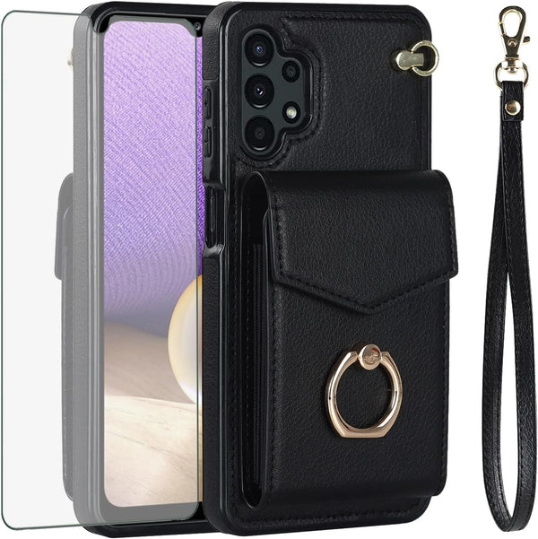 Asuwish Phone Case for Samsung Galaxy A32 5G 2021, Wallet Cover with Tempered Glass Screen Protector, RFID Blocking,