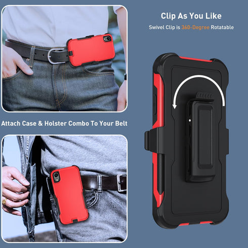 iPhone XR Phone Case with Shockproof Belt Clip Kickstand & 2X Tempered Glass Screen Protector, Heavy Duty Red Cover