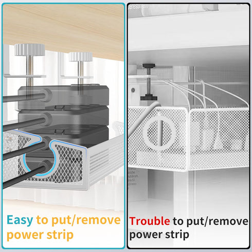 Under Desk Cable Management Tray, White No Drill Organizer with Clamp for Desk Wire Management and Accessories