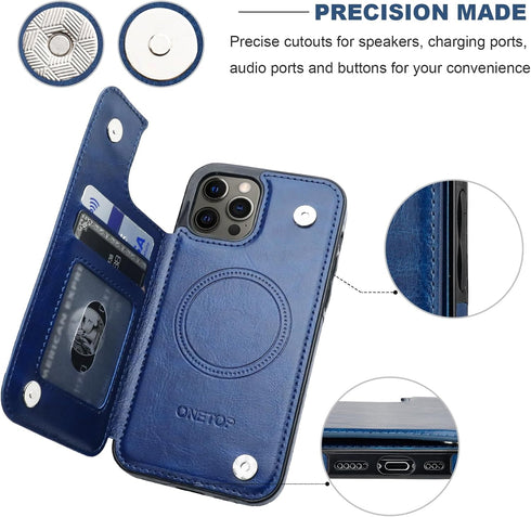 OT ONETOP 12/12 6.1 Inch ONETOP Compatible with Magsafe for iPhone Pro Wallet Case with Card Holder, PU Leather