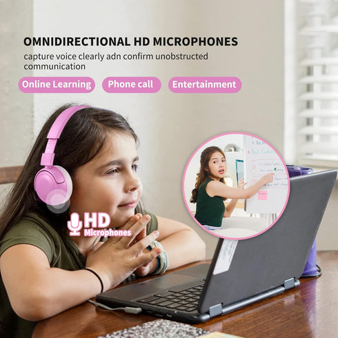 SHON Kids Wireless On-Ear Headphones, Pink Foldable Stereo with 3.5mm Jack, Wired Headphones for