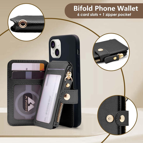 M-Plateau Small Wallet for Women - Large Capacity with ID Window, Phone Wallet with 3M Adhesive Card Holder (Black)