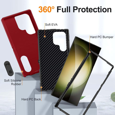 3-Layer Military Grade Protective Case with Kickstand for Samsung Galaxy S24 Ultra Phone Case (Red+Black)
