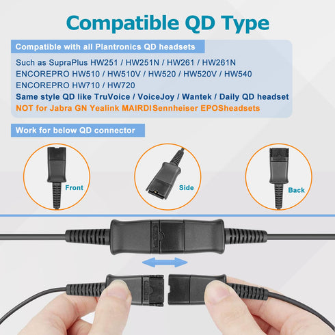 QD Headset USB Adapter Cable for Plantronics QD Wired Headset to USB Plug, In-line Volume Mute Controls, Works for