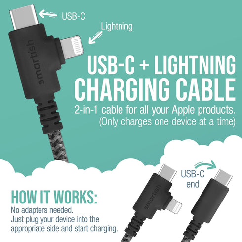 Smartish 2 in 1 USB C to USB C/Lightning Cable, 6 Foot Fabric Wrapped Fast Charging Cable for iPhone, Galaxy, Pixel