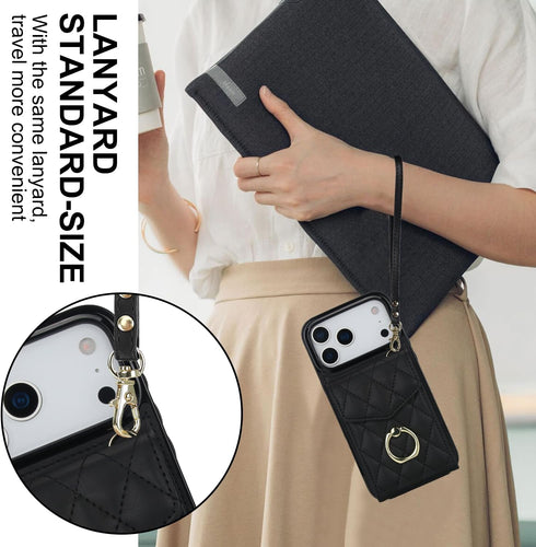 MRRSIWEI 17 17 Crossbody Case for Apple Pro Max with Card Holder, PU Leather with Wallet Removable Lanyard Wrist Strap