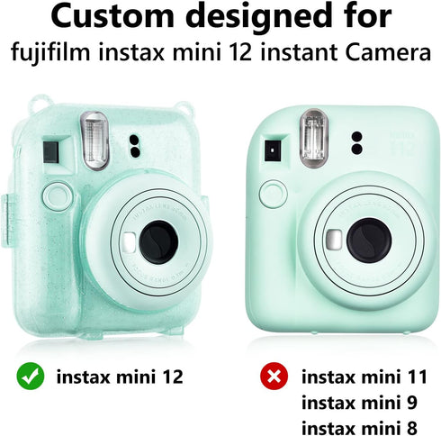 Rieibi Clear Case for Fuji Instax Mini 12, Glitter Case Bag with Back Pocket, Strap, and Photo Album