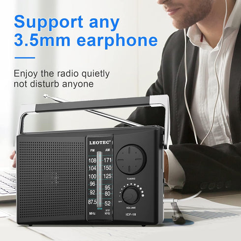 LEOTEC Portable AM FM Radio with Best Reception, Battery Operated or AC Power, Black