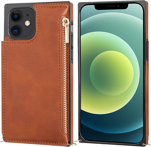 Bocasal Crossbody Wallet Case for iPhone 12/12 Pro, Card Holder, Zipper Slot Protector, 6.1 Inch, Brown