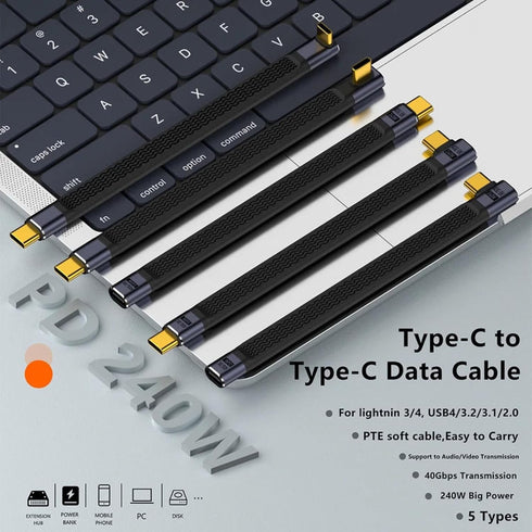 Short USB C Cable, 0.4FT 240W USB C to USB C Right Angle Cable, Thunderbolt 4/3/USB4 Support, 8K@60HZ Display for
