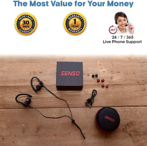 Senso Bluetooth Headphones, Wireless Sports Earphones w/Mic, IPX7 Waterproof, HD Stereo Sweatproof Earbuds for Gym