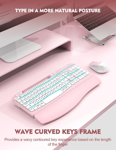 Wireless Keyboard and Mouse Combo, EAYBLLY Wave Keys Ergonomic Keyboard with Wrist Rest, 2.4GHz Set