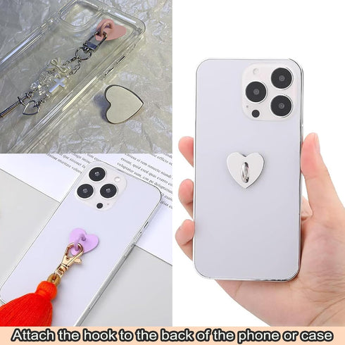 SiLnmLih 12 Pcs Metal Phone Finger Grip Hook Adhesive Heart Shaped Phone Charm Hook Smartphones Accessories Charm Loop