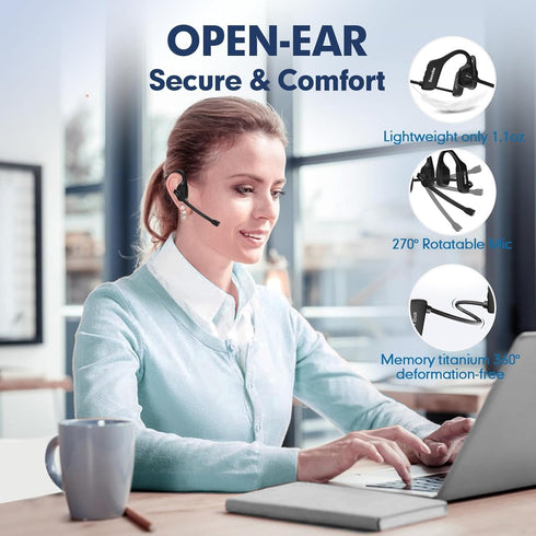Bluetooth Phone Headset Wireless with Noise Cancelling Microphone, Open Ear Air Conduction Headphones with Mic for