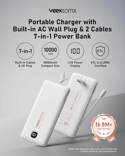 VEEKTOMX 10000mAh, Pack 17/16/15/14, Portable Charger with Built in Cables Power Bank for iPhone with AC Wall Plug