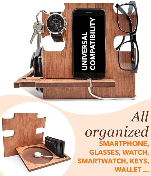 Greta Oto Wood Phone Docking Station for Men | Nightstand Bedside Desk Organizer | Best Personalized Idea for Father's