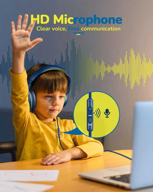 Kids Headphones for School, Toddler Wired Headset with Microphone, Volume Control, Blue Green, for 3+ Year Olds,