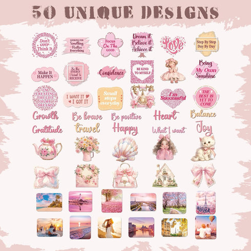 50 Pink Vision Board Stickers - Pcs Cute Aesthetic Travel Planner Scrapbooking Supplies Kit for Adults Women