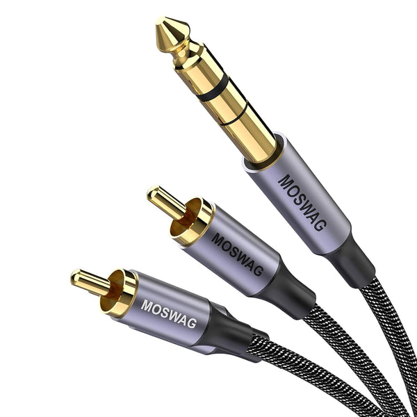 MOSWAG Gold-Plated 6.35mm Male TRS Stereo Plug to 2 RCA Phono Male Audio Y Splitter Cable, Connector Wire