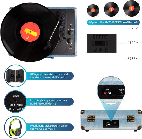 Vinilos Record Players - Bluetooth Turntable with Speakers, Portable Suitcase Phonograph, 3-Speed