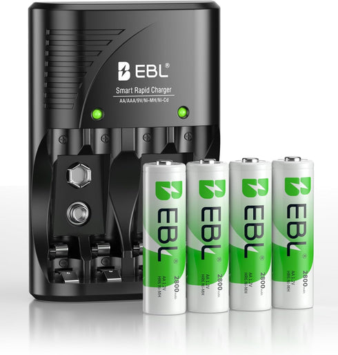 EBL 4-Bay Battery Charger for AA & AAA Rechargeable Batteries with Rechargeable AA