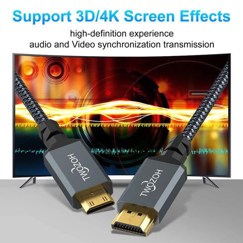 Twozoh 1FT 2 Pack, 3D/4K@60Hz 18Gbps/2160P/1080P Mini HDMI to HDMI Cable Nylon Braided HDMI to Mini HDMI Support