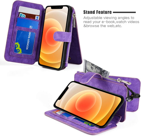 MODOS LOGICOS Detachable Wallet Folio Compatible with iPhone 12 Mini, Purple PU Leather Purse with Zipper