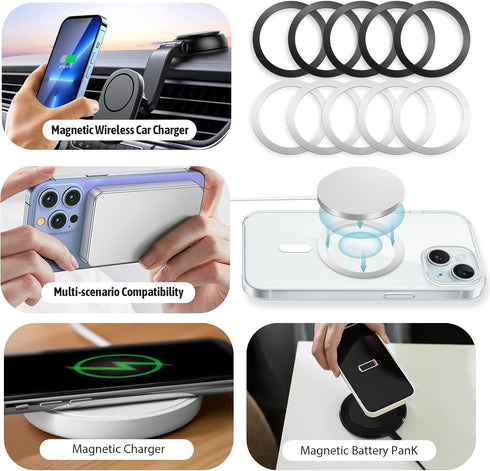 LXUEJIE 10 Pack (5 Silver+5 Universal Metal Rings, Magnetic Ring for Phone Cases & Wireless Charging Magnetic Ring