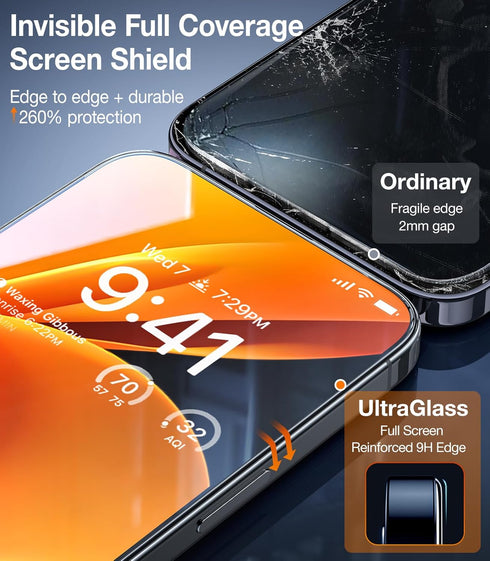 iPhone 15 Pro Max UltraGlass 9H+ Screen Protector - Military Grade, Shatterproof, Full Coverage, 2 Packs, Long-lasting