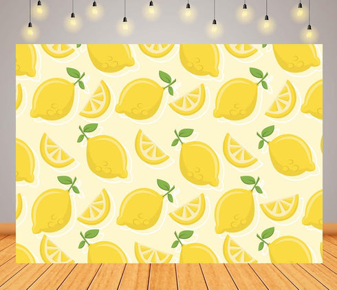 CORFOTO 7x5ft Summer Fabric Lemon Pattern Backdrop Yellow Lemons Slices Green Leaves Citrus Pattern Photography