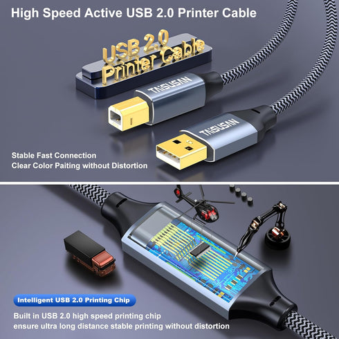 50ft 2.0 USB Printer Cable, High Speed USB A to USB B Printer Cord Compatible for Keyboard,MacBook,Printers