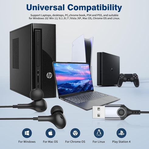 USB Headphones with Microphone for PC, USB A Earbuds for PS5, 2.3M Cord, Magnetic in-Ear Headset for Gaming