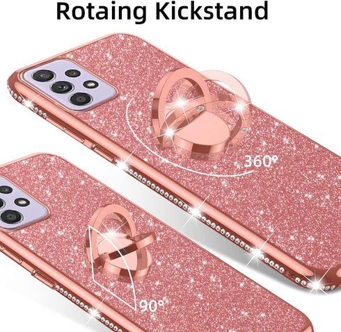 Samsung Galaxy A52 5G Case by nancheng, Cute Slim TPU Silicone with Kickstand, Bling Diamond Ring & Strap (Rose Gold)