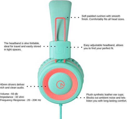 noot products Kids Headphones K11 Wired On-Ear Headset, Foldable Stereo, 5ft Long Cord, 3.5mm Jack, Mint/Coral for