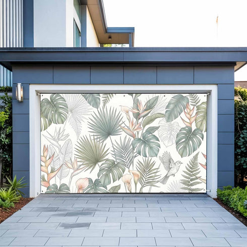 GNAKT AREWG Garage Door Banner Cover 13x6ft Tropical Monstera Bird of Paradise Garage Door