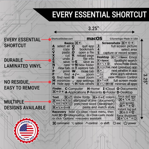 Synerlogic Mac OS Shortcuts Sticker - 5pcs Keyboard Stickers for macOS, No-Residue Laminated Vinyl Cheatsheet