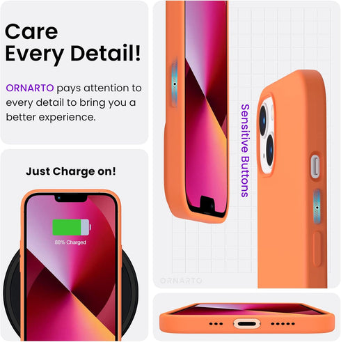 ORNARTO Slim Liquid Silicone Case for iPhone 13 6.1, Full Covered Soft Gel Rubber Cover, Orange