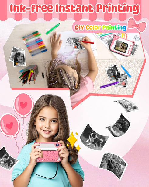 Kids Camera Instant Print 1080p, Dinosaur Toddler Camera, Ink Free Printing for Kids Aged 3-12, Gifts (Pink)