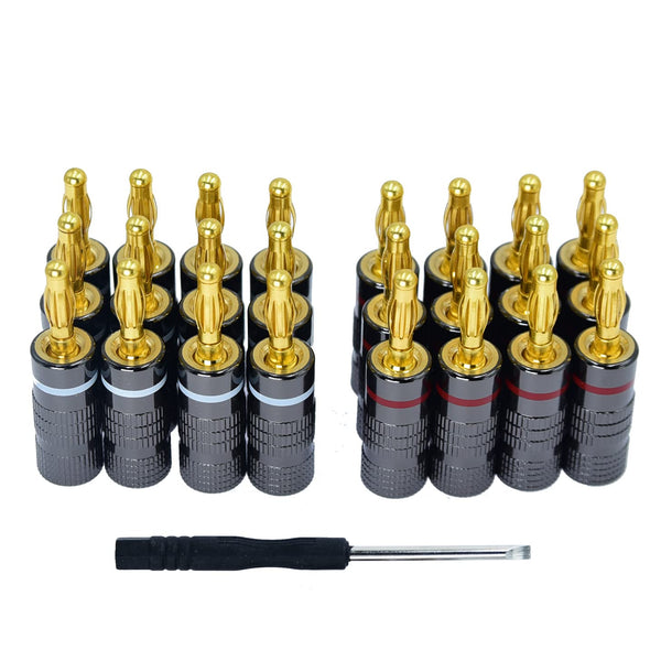4mm Audio Plug Jack Banana Plugs - 24K Gold Plated Adapter Cable Connector Clips, 12 Pair, 24pcs
