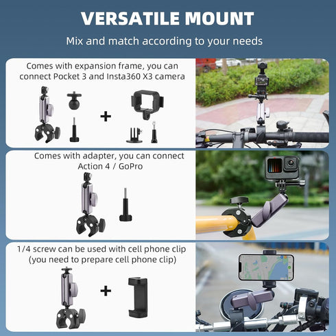 Pocket 3 Camera Bike Mount Clamp Motorcycle Handle Holder Aluminum for Insta360 X4 X3 X2 Ace Pro Go 3S, for DJI Osmo Pocket 3 2 Mobile 6 4 Action 4 3, for GoPro Max Hero Mini Accessories