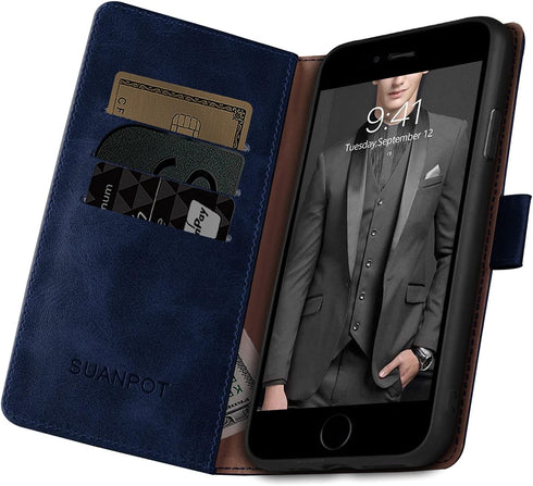 SUANPOT for iPhone 7 Plus/8 Plus Case - RFID Blocking Leather Wallet Case with Credit Card Holder, Shockproof Cover