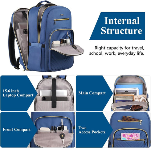 YAMTION 15.6 Inch Laptop Backpack for Women, USB Backpack for Business Work Office, Dark Blue