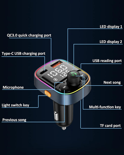 LIHAN AUX USB C Bluetooth Car Adapter, Wireless Handsfree Call, Plug for FM Transmitter Radio Receiver