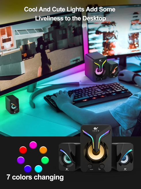 OROW Mini PC Speakers, 2.1 Desktop Speakers with Subwoofer, RGB Lights, USB Powered, Stereo Sound for Monitor/Laptop