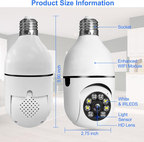 Light Bulb Camera 2 Pack, 5g Dual Band WiFi 6 Light Bulb Camera, 2.4G/5G Home Security Socket Camera, 360 Degree