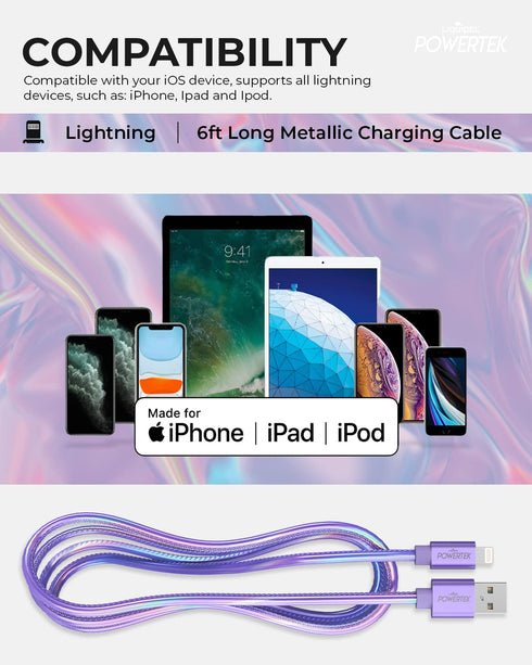 LIQUIPEL Powertek 6 ft iPhone Charger Cable, Fast Charging Lightning to USB Adapter, MFI Certified (Purple)