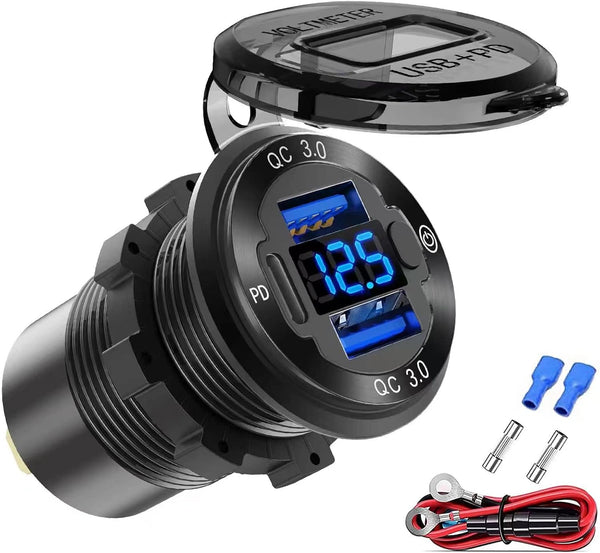 12V USB Outlet Wire Aluminum Car Charger Multi Port, Dual USB Quick Charge 3.0 Port and PD USB C Socket