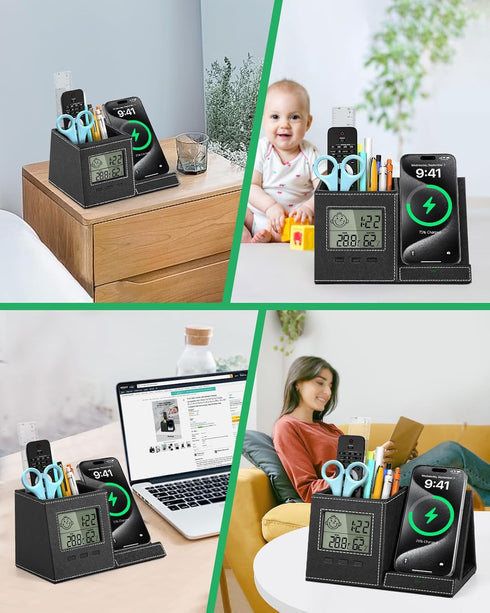 Pen Holder for Desk, Multi-Functional Organizer with Wireless Charger, Indoor Thermometer, Home Office Supplies